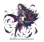  1girl black_cape black_hair book bracelet bridal_gauntlets cape circlet commentary_request company_name facial_mark fire_emblem fire_emblem_fates fire_emblem_heroes flat_chest forehead forehead_mark glaring gold_trim high_heels holding holding_book jewelry kousei_horiguchi long_hair nyx_(fire_emblem) official_art red_cape red_eyes solo thigh-highs thighs torn_cape torn_clothes veil very_long_hair watermark zettai_ryouiki 