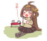  1girl ahoge alternate_costume baozi beige_sweater black_legwear black_skirt blush brown_hair chibi closed_eyes commentary cup double_bun dress eating food food_on_face hairband kantai_collection kongou_(kancolle) long_hair lr_hijikata mug pantyhose pleated_dress ribbed_sweater simple_background skirt smile solo sweater table translated white_background 