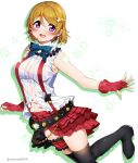  1girl black_footwear bokura_wa_ima_no_naka_de boots bow bowtie breasts earrings eyebrows_visible_through_hair fingerless_gloves gloves green_neckwear hair_between_eyes hair_ornament heart heart_earrings highres jewelry koizumi_hanayo looking_at_viewer love_live! love_live!_school_idol_project medium_breasts nakano_maru navel open_mouth red_gloves red_skirt simple_background skirt smile solo star_(symbol) star_hair_ornament twitter_username violet_eyes white_background 