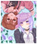  2girls :3 :d absurdres ahoge animal_ear_fluff animal_ears ayama_nano bangs black_choker black_jacket black_shirt blush breasts brown_eyes brown_hair cat_ears choker closed_mouth collarbone collared_shirt commentary_request dog_ears dress_shirt eyebrows_visible_through_hair flower hand_on_another&#039;s_ear hands_up highres holding holding_flower hololive inugami_korone jacket large_breasts long_sleeves looking_at_another lying medium_hair morning_glory multiple_girls nekomata_okayu on_back open_mouth pink_flower pink_jacket purple_flower purple_hair shirt sleeves_past_wrists smile upper_body violet_eyes virtual_youtuber white_shirt 