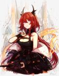  1girl akikaze_(pokekinokokikaku) arknights black_dress demon_girl demon_horns dress highres holding holding_weapon horns jacket long_hair looking_at_viewer off_shoulder redhead surtr_(arknights) sword violet_eyes weapon 