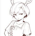  1girl bangs dragon_horns greyscale highres horns kauchipoteto kicchou_yachie looking_at_viewer monochrome shirt short_hair short_sleeves simple_background solo touhou upper_body white_background 