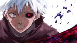  1boy absurdres bangs close-up face grey_eyes grey_hair highres kaneki_ken looking_at_viewer male_focus mismatched_sclera parted_lips red_eyes short_hair simple_background smile solo teeth tokyo_ghoul tomato_(akait0mat0) upper_body white_background white_hair 