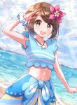  1girl :d absurdres blue_sarong blue_shirt blush bob_cut brown_hair clouds commentary_request day eyelashes flower gloria_(pokemon) hair_flower hair_ornament highres jewelry lex_suri12 looking_at_viewer navel necklace open_mouth outdoors pokemon pokemon_(game) pokemon_masters_ex purple_flower sand sarong scrunchie shiny shiny_hair shirt shore short_hair sky sleeveless sleeveless_shirt smile solo sparkle swimsuit tongue upper_teeth water wrist_scrunchie yellow_eyes 