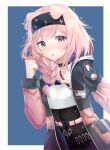  1girl animal_ears arknights bangs belt black_hairband blue_background chinese_commentary choker commentary_request dog_ears elanore hairband jacket lanyard long_hair looking_at_viewer open_clothes open_jacket open_mouth pink-haired_perro_(arknights) pink_belt pink_hair pink_jacket shirt solo white_background white_shirt yellow_eyes 