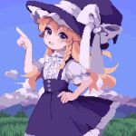  1girl ahiru_tokotoko black_skirt blonde_hair bow bowtie braid clouds collared_shirt commentary_request frilled_sleeves frills hand_on_hip hat hat_bow highres kirisame_marisa looking_at_viewer pixel_art pointing shirt short_sleeves skirt solo suspender_skirt suspenders touhou white_shirt witch_hat yellow_eyes 