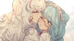  2girls animal_ears arknights bangs bear_ears blue_eyes blue_hair blush closed_mouth eyebrows_visible_through_hair feathers from_side headdress istina_(arknights) istina_(bibliosmia)_(arknights) kiss kissing_cheek long_hair monocle multicolored_hair multiple_girls official_alternate_costume one_eye_closed pentagon_(shape) red_neckwear redhead rosa_(arknights) streaked_hair upper_body white_hair ya_kexi yuri 