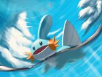  black_eyes clouds commentary_request creature day fkinoee gen_3_pokemon highres mudkip no_humans open_mouth outdoors partially_underwater_shot pokemon pokemon_(creature) sky starter_pokemon water 