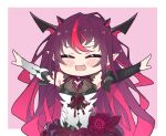  1girl arms_up asymmetrical_sleeves blush closed_eyes fang flower hololive hololive_english horns irys_(hololive) kukie-nyan multicolored_hair pointy_ears purple_hair two-tone_hair 