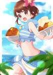  1girl bangs blue_sarong blue_shirt blurry blush bob_cut bowl breasts brown_eyes brown_hair clouds commentary_request curry day eyebrows_visible_through_hair eyelashes flower food from_side gloria_(pokemon) hair_flower hair_ornament haru_(haruxxe) highres holding holding_bowl jewelry leg_up looking_to_the_side necklace official_alternate_costume open_mouth outdoors pokemon pokemon_(game) pokemon_masters_ex sand sarong scrunchie shirt shore short_hair sky sleeveless sleeveless_shirt solo tongue water wrist_scrunchie 