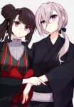  2girls :o arm_grab azur_lane bangs black_kimono black_ribbon bow braid brown_hair closed_mouth commentary cowboy_shot crossed_bangs eyebrows_visible_through_hair green_kimono hair_between_eyes hair_bow hair_ribbon head_tilt highres iron_cross japanese_clothes kimono long_hair looking_at_viewer low_ponytail marshall_k multiple_girls obi official_alternate_costume open_clothes open_kimono parted_lips red_eyes red_kimono ribbon sash short_braid sidelocks silver_hair simple_background standing striped striped_kimono sweat twin_braids violet_eyes white_background wide_sleeves yukata z1_leberecht_maass_(azur_lane) z2_georg_thiele_(azur_lane) 