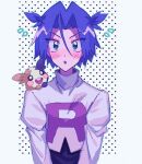  1boy ameya_(okemu_ame) blue_hair blush gen_8_pokemon green_eyes james_(pokemon) morpeko pokemon pokemon_(anime) surprised 