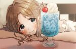  1girl bangs blurry blush brown_hair cherry cream depth_of_field dress eyebrows_visible_through_hair flower food frilled_dress frills fruit glass hair_bun hair_flower hair_ornament hands_together head_rest head_tilt highres ice ichikawa_hinana idolmaster idolmaster_shiny_colors juice kurata_no_yume light_smile looking_at_viewer parted_bangs short_sleeves soda solo 