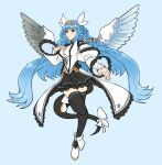  1girl alternate_costume asymmetrical_wings blue_hair dizzy_(guilty_gear) guilty_gear highres long_hair long_sleeves oneirio pleated_skirt skirt tail tail_ornament thigh-highs tiara very_long_hair wings zettai_ryouiki 