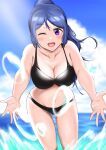  1girl bikini black_bikini blue_hair blue_sky breasts clouds collarbone cowboy_shot day eyebrows_visible_through_hair highres large_breasts leaning_forward long_hair looking_at_viewer love_live! love_live!_sunshine!! matsuura_kanan navel noichi513 ocean open_hands outstretched_arms ponytail sidelocks skindentation sky solo splashing sunlight swimsuit violet_eyes water water_drop wet 