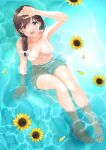  1girl :d arm_support arm_up armpits bangs bikini black_hair bow braid braided_ponytail breasts breasts_apart brown_eyes collarbone commentary_request daisy flower from_above front-tie_bikini front-tie_top hair_bow hair_over_shoulder halterneck highres in_water knees_up light_blush medium_breasts mossan_(mossan-777) open_mouth original petals side-tie_bikini sitting smile swimsuit toeless_legwear water white_bikini white_bow white_footwear yellow_flower 