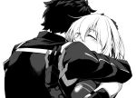 absurdres blush fate/grand_order fate_(series) fujimaru_ritsuka_(male) greyscale highres hug mash_kyrielight monochrome tearing_up 
