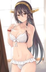  1girl bikini black_hair breasts brown_eyes collarbone cowboy_shot frilled_bikini frills gensoukitan hair_ornament hairband hairclip haruna_(kancolle) headgear highres jewelry kantai_collection large_breasts long_hair navel official_alternate_costume remodel_(kantai_collection) ribbon_trim ring solo standing swimsuit wedding_band white_bikini 