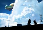  arm_up backpack bag closed_mouth clouds commentary_request cosmo_(465lilia) cumulonimbus_cloud day drampa from_below gen_7_pokemon giant giant_monster highres outdoors peeking_out pointing pokemon pokemon_(creature) power_lines silhouette sky utility_pole 