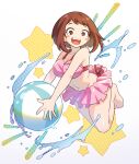  1girl abiko_yuuji ball bare_shoulders barefoot beachball bikini blush_stickers boku_no_hero_academia breasts brown_eyes brown_hair frilled_bikini frills highres medium_breasts navel open_mouth pink_bikini short_hair side-tie_bikini solo splashing star_(symbol) swimsuit uraraka_ochako 