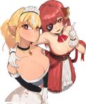  2girls arm_around_shoulder black_eyepatch blonde_hair breasts closed_mouth commentary_request dark-skinned_female dark_skin elf eungi eyepatch gloves highres hololive houshou_marine large_breasts multicolored_hair multiple_girls orange_eyes parted_lips pointy_ears red_eyes redhead shiranui_flare streaked_hair virtual_youtuber white_gloves 