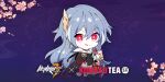  1girl artist_request bangs black_jacket blue_background casual cherry_blossoms chibi closed_mouth drink drinking_straw earrings fu_hua fu_hua_(herrscher_of_sentience) grey_hair hair_between_eyes hair_ornament holding holding_drink honkai_(series) honkai_impact_3rd jacket jewelry long_hair long_sleeves looking_at_viewer milk_tea multicolored_hair official_art promotional_art red_eyes smile solo streaked_hair tongue tongue_out 