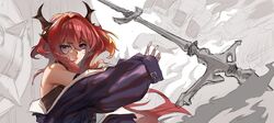  1girl absurdres arknights black_dress demon_girl demon_horns dress highres horns jacket long_hair off_shoulder redhead rtjd8737 surtr_(arknights) sword unfinished_background violet_eyes weapon 