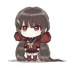 1girl bangs black_sailor_collar blunt_bangs brown_hair chibi closed_mouth commentary_request dangan_ronpa_(series) dangan_ronpa_v3:_killing_harmony fc_(efushii) full_body hair_ornament hair_scrunchie hairclip harukawa_maki long_hair long_sleeves looking_at_viewer low_twintails mole mole_under_eye pleated_skirt red_eyes red_legwear red_scrunchie red_shirt sailor_collar school_uniform scrunchie serafuku shiny shiny_hair shirt skirt solo standing thigh-highs twintails very_long_hair white_background 
