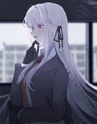  1girl bangs black_gloves black_jacket black_ribbon blurry blurry_background braid commentary_request dangan_ronpa:_trigger_happy_havoc dangan_ronpa_(series) finger_to_own_chin from_side gloves hair_ornament hair_ribbon hand_up highres indoors jacket kirigiri_kyouko long_hair long_sleeves necktie profile purple_hair ribbon shi_xu_jiu_zhou shirt single_braid solo thinking upper_body violet_eyes white_shirt 