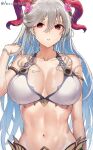  1girl bare_shoulders bikini blue_hair breasts curled_horns fire_emblem fire_emblem_heroes freyja_(fire_emblem) goat_horns grey_hair hair_between_eyes haru_(nakajou-28) highres horns large_breasts long_hair looking_at_viewer multicolored_hair navel official_alternate_costume red_eyes red_horns simple_background solo stomach swimsuit twitter_username two-tone_hair upper_body very_long_hair wet white_background white_bikini 
