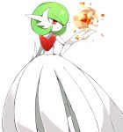  1girl absurdres bangs bare_shoulders blush bob_cut colored_skin commentary_request dress elbow_gloves fire flat_chest gardevoir gen_3_pokemon gloves green_hair hair_over_one_eye hand_up highres light_blush mega_gardevoir mega_pokemon open_mouth pokemon pokemon_(creature) pyrokinesis red_eyes senju_(snz0) shiny shiny_hair short_hair sideways_mouth simple_background solo standing strapless strapless_dress white_background white_dress white_gloves white_skin 