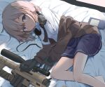  1girl barefoot bed bed_sheet black_gloves blue_skirt bolt_action brown_hair brown_jacket calculator cheytac_m200 ear_protection earmuffs earmuffs_around_neck girls_frontline gloves gun highres holding holding_gun holding_weapon indoors jacket legs long_sleeves looking_at_viewer lying m200_(girls_frontline) ma40414 on_side open_mouth polo_shirt ponytail rifle shirt skirt sniper_rifle sunlight teeth violet_eyes weapon white_shirt 