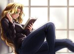  1girl black_sweater blonde_hair blue_pants book breasts chin_piercing commission cosplay denim fate/grand_order fate_(series) green_eyes green_nails highres jeans large_breasts long_hair long_sleeves medusa_(fate) medusa_(rider)_(fate) medusa_(rider)_(fate)_(cosplay) pants quetzalcoatl_(fate) solo sweater zantyarz 