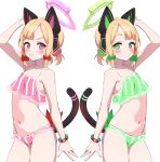  2girls absurdres arm_up blonde_hair blue_archive blush cat_ear_headphones cat_tail collarbone green_eyes hair_ribbon halo headphones highres looking_at_viewer multiple_girls navel pn_(wnsl216) red_eyes ribbon short_hair siblings smile swimsuit tail twins white_background 