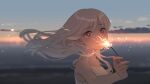  1girl blurry fireworks guazi hair_blowing highres long_hair original outdoors red_eyes sky smile solo sparkler sparks twilight upper_body white_hair 