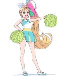  1girl :d akinbo_(hyouka_fuyou) blonde_hair bow brown_eyes cheerleader collarbone cure_summer dress earrings floating_hair full_body gradient_hair hair_bow hand_on_hip high_ponytail holding jewelry long_hair multicolored_hair open_mouth pink_hair pleated_dress pom_pom_(cheerleading) precure shiny shiny_hair short_dress side_ponytail simple_background sleeveless sleeveless_dress smile solo standing streaked_hair tropical-rouge!_precure very_long_hair white_background white_bow white_footwear 