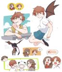  3boys animal_ears black_footwear blue_shorts blush brown_eyes brown_hair cat_ears closed_eyes dong_dong_(the_legend_of_luoxiaohei) highres long_hair luoxiaohei luozhu_(the_legend_of_luoxiaohei) multiple_boys multiple_views open_mouth profile red_eyes sandals sen_juge shirt short_hair short_sleeves shorts smile the_legend_of_luo_xiaohei white_hair white_shirt wings 