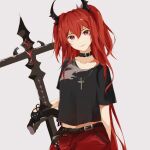  1girl arknights bangs belt black_belt black_choker black_shirt chain_necklace choker commentary dianqiwei_wubaqi grey_background hair_between_eyes head_tilt highres horns long_hair looking_at_viewer navel official_alternate_costume red_skirt redhead shirt short_sleeves simple_background skirt smile solo surtr_(arknights) surtr_(liberte_echec)_(arknights) two_side_up upper_body very_long_hair violet_eyes 