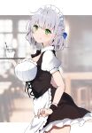  1girl absurdres alternate_costume apron blue_ribbon blush braid breasts closed_mouth cowboy_shot cup dress enmaided green_eyes hair_ribbon hand_up highres holding holding_plate hololive large_breasts looking_at_viewer maid maid_apron maid_headdress plate puffy_short_sleeves puffy_sleeves ribbon shirogane_noel short_dress short_hair short_sleeves silver_hair smile sndk1480 solo wrist_cuffs 