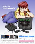  1980s_(style) 1girl belt breasts controller converse crt denim english_text full_body game_console game_controller glasses head_rest jeans jose_salot lying medium_breasts on_side orange_eyes original pants redhead remote_control retro_artstyle sega_mega_drive shoes smile sneakers solo sony twitter_username watch watch web_address 