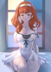  bare_legs bare_shoulders bed breasts celica_(fire_emblem) deekei dress fire_emblem fire_emblem_echoes:_shadows_of_valentia gown hair_tucking highres legs night night_sky nightgown parted_lips priestess princess red_eyes redhead sky sleepwear thighs window 
