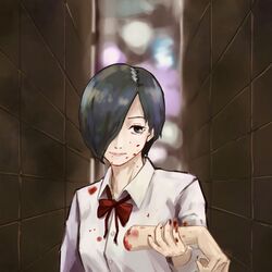  1girl alley black_hair blood blood_on_face bloody_clothes grey_eyes guro hair_over_one_eye highres kirishima_touka makko_(user_kvud5535) severed_arm severed_limb short_hair solo tokyo_ghoul 