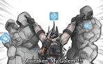  1girl arknights armor commentary_request english_text golem highres horns jacket jojo_no_kimyou_na_bouken long_sleeves mudrock_(arknights) parody pointing pyramide standing upper_body white_background white_jacket 