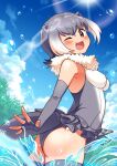  1girl :3 animal_ears bare_shoulders blush brown_eyes cowboy_shot elbow_gloves eyebrows_visible_through_hair fingerless_gloves from_behind fur_collar gloves grey_gloves grey_hair grey_legwear grey_swimsuit highres kamuraaa_615 kemono_friends looking_at_viewer multicolored_hair one-piece_swimsuit one_eye_closed open_mouth otter_ears otter_girl otter_tail short_hair sleeveless small-clawed_otter_(kemono_friends) solo splashing swimsuit tail thigh-highs two-tone_hair water white_fur white_hair zettai_ryouiki 