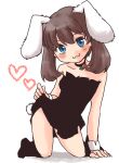  1girl :3 alternate_costume animal_ears bare_shoulders black_dress blue_eyes brown_hair bunny_tail choker clothes_lift dress dress_lift extra_ears hagino_aki kneeling lifted_by_self lowres may_(pokemon) pokemon pokemon_(anime) pokemon_rse_(anime) rabbit_ears short_dress short_hair_with_long_locks sleeveless sleeveless_dress solo strapless strapless_dress tail wrist_cuffs 