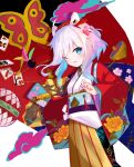  1girl ahoge blue_eyes chinese_commentary commentary_request eyebrows_visible_through_hair headband highres japanese_clothes kimono long_sleeves looking_at_viewer new_year obi one_eye_closed original poumi sash smile solo white_hair white_kimono wide_sleeves 