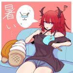  1girl alternate_costume alternate_hairstyle arknights casual demon_girl demon_horns fan food highres holding horns ice_cream kakiyokan long_hair off-shoulder_shirt off_shoulder ponytail red_eyes shirt shorts solo stuffed_toy surtr_(arknights) tongue tongue_out translated violet_eyes 