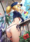  1girl ahoge artoria_pendragon_(all) ass baseball_cap bikini blonde_hair blue_eyes breasts cocktail_glass cropped_jacket cup drinking_glass drinking_straw elbow_rest fate/grand_order fate_(series) flower food from_behind fruit gabiran hair_through_headwear hat hibiscus leaning_on_rail lens_flare long_hair long_sleeves looking_at_viewer looking_back medium_breasts medium_hair mysterious_heroine_xx_(fate) orange_(food) orange_slice palm_tree petals ponytail railing shrug_(clothing) side-tie_bikini solo standing string_bikini sunlight swimsuit thigh_strap thighs tree umbrella weapon wet white_bikini 