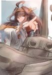  1girl ahoge brown_hair cannon commentary_request dated detached_sleeves double_bun hairband headgear highres kantai_collection kongou_(kancolle) long_hair looking_at_viewer machinery popped_collar remodel_(kantai_collection) ribbon-trimmed_sleeves ribbon_trim saamon_(salmonkomaku) solo turret upper_body 