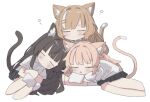  3girls animal_ear_fluff animal_ears anya_pandaria atelier_live bangs black_skirt blush brown_hair cat_ears cat_girl cat_tail chai_(vtuber) english_commentary gloves kuzuryu_io long_hair multicolored_hair multiple_girls omochi_chowder paw_gloves paws pink_eyes school_uniform second-party_source shirt skirt sleeping streaked_hair tail very_long_hair virtual_youtuber white_background white_hair white_shirt 